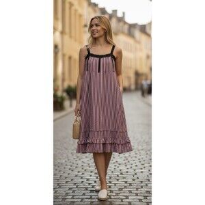 Vintage Sleeveless Women’s Dress size 36  Pink - Gray Striped 70s Cotton Ruffle